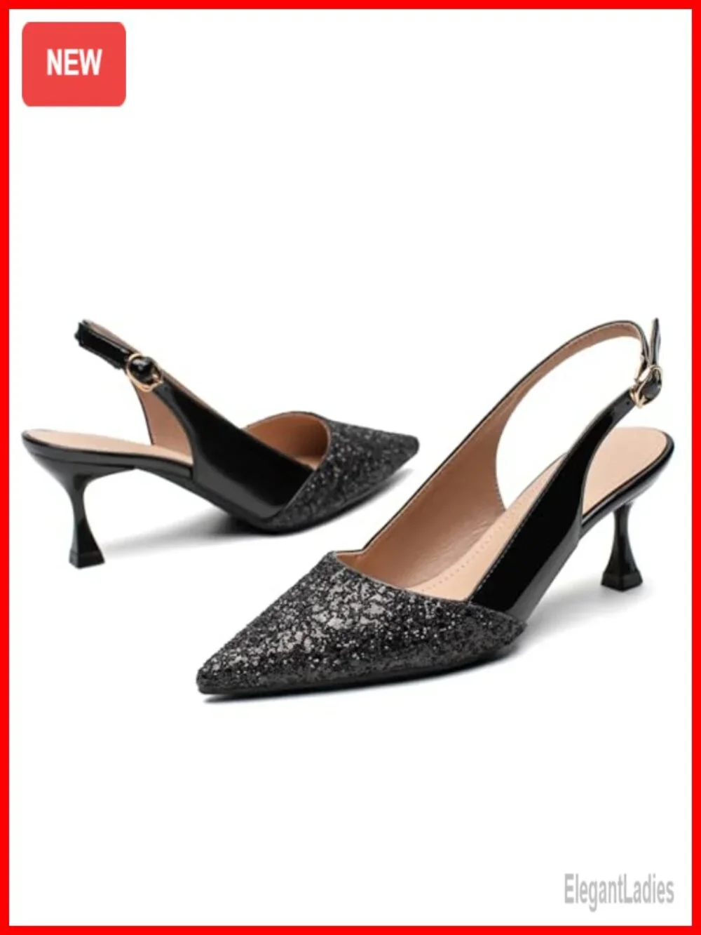 Women's Kitten Heel Sequin Pointed Toe Faux Leather Slingback Pumps